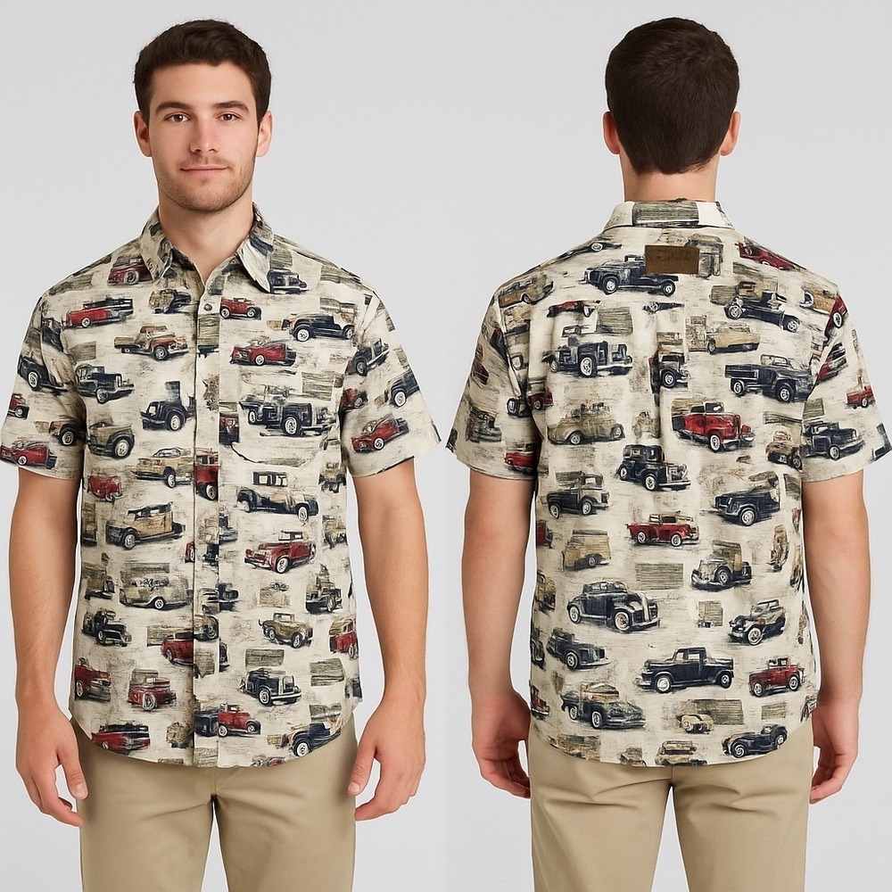 North River Mens Medium Short Sleeve Button Up Vintage Car Truck Print Shirt
